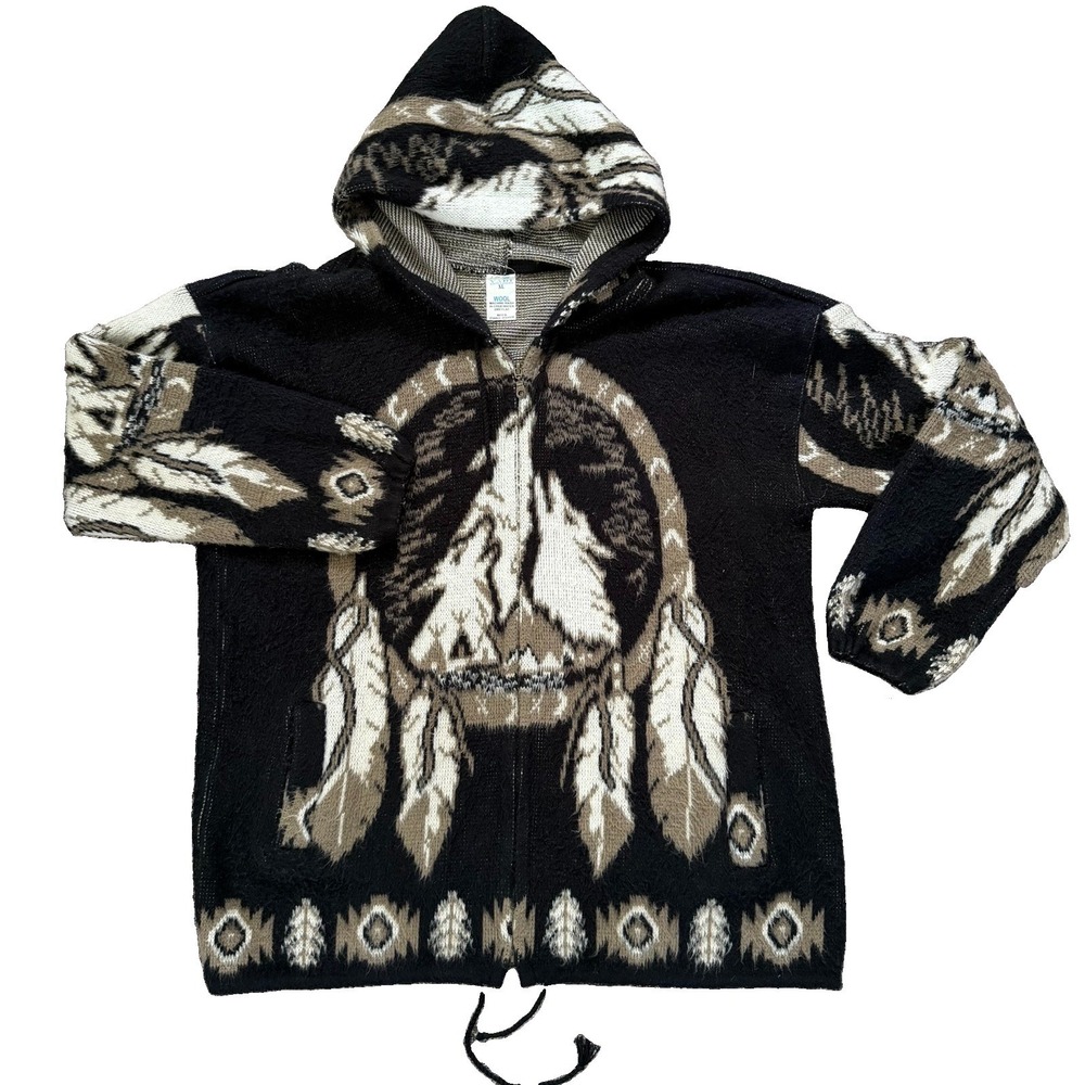 Men's XL Yari Artesanias Wool Sweater Jacket Hoodie Full Zip Buffalo Design Ecua